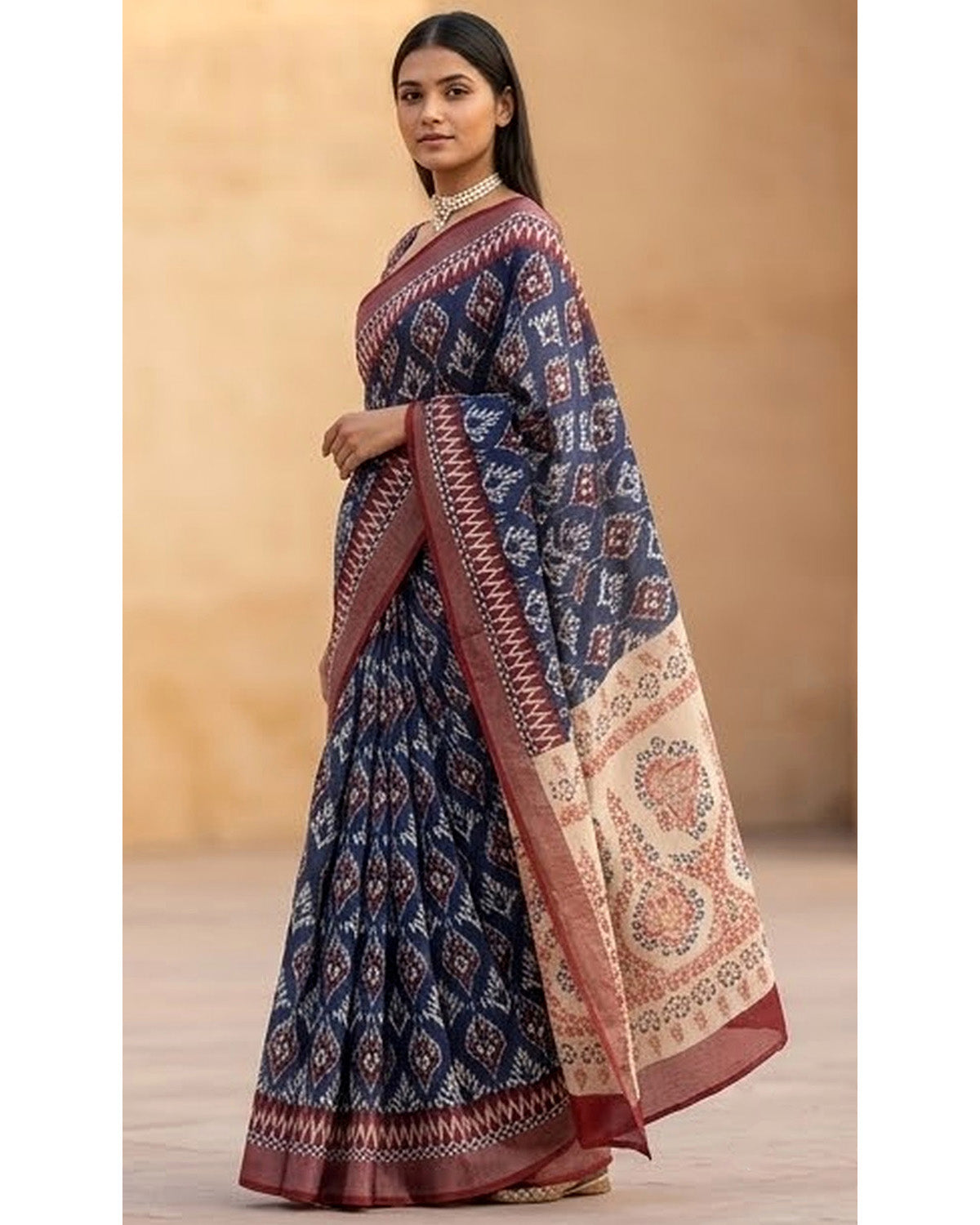 Navy Blue Linen Saree with Maroon Border & Printed Pallu With Blouse Piece