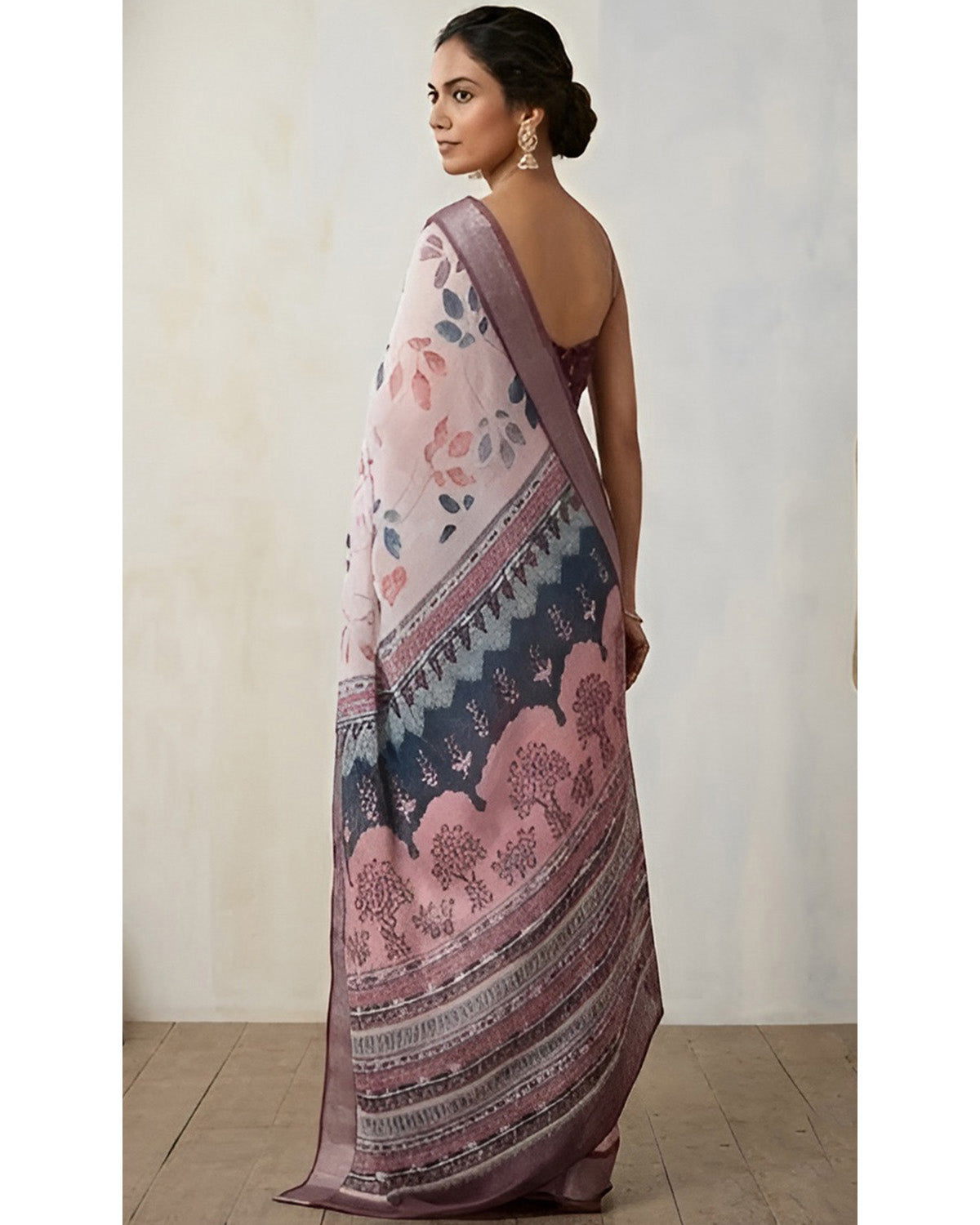 Pink Linen Saree with Floral Print and Mauve Border With Blouse Piece
