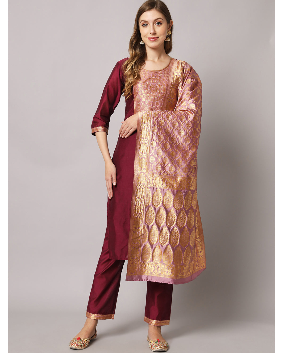 Silk blend jacquard gala kurta set  with dupatta