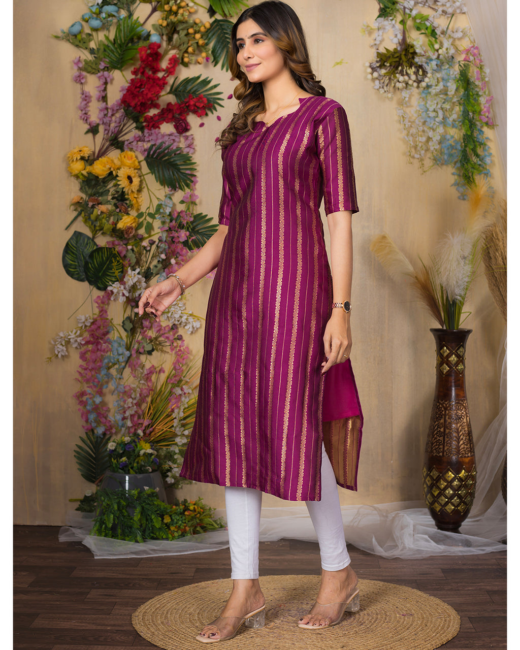 Jacquad weaving Calf Length Kurta For Women KT34_Wine