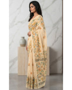 Women's Beige Linen Saree With Printed Work & Blouse Piece