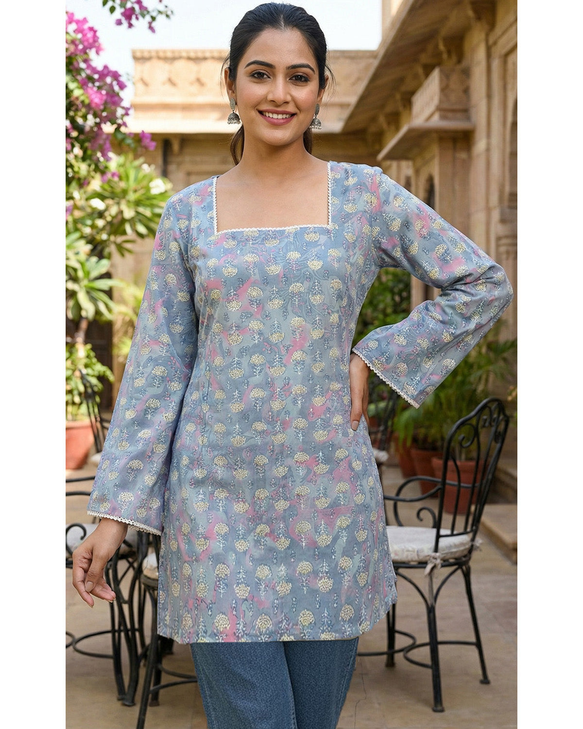 Cotton Blend Printed Straight Short Kurti for Women