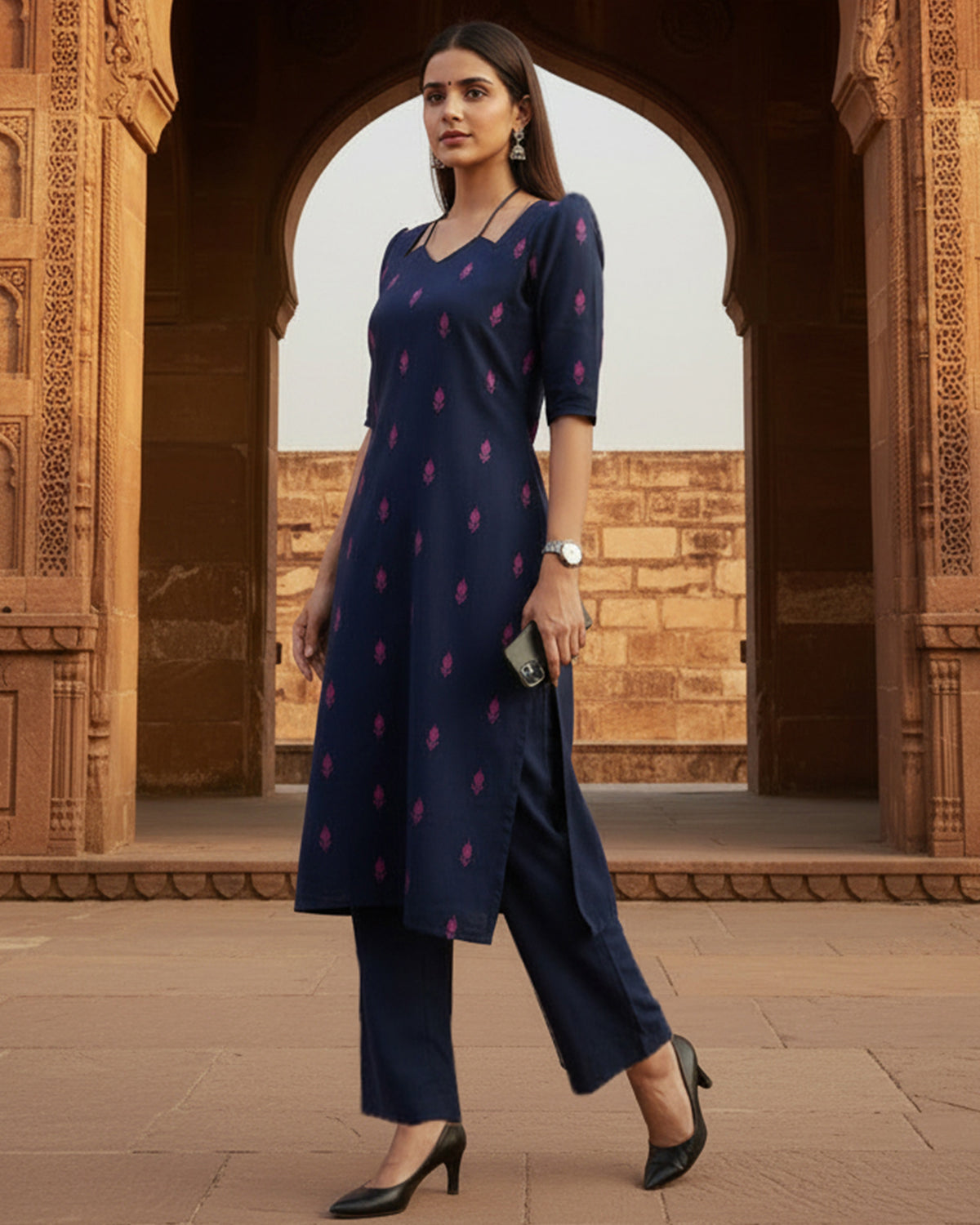 Women Navy Blue Printed Cotton Kurta Set