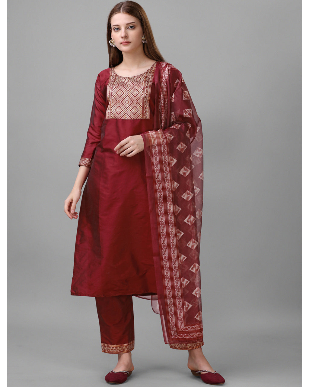Silk blend jacquard gala kurta set with dupatta