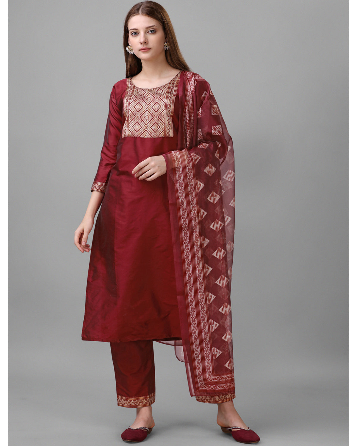 Silk blend jacquard gala kurta set with dupatta