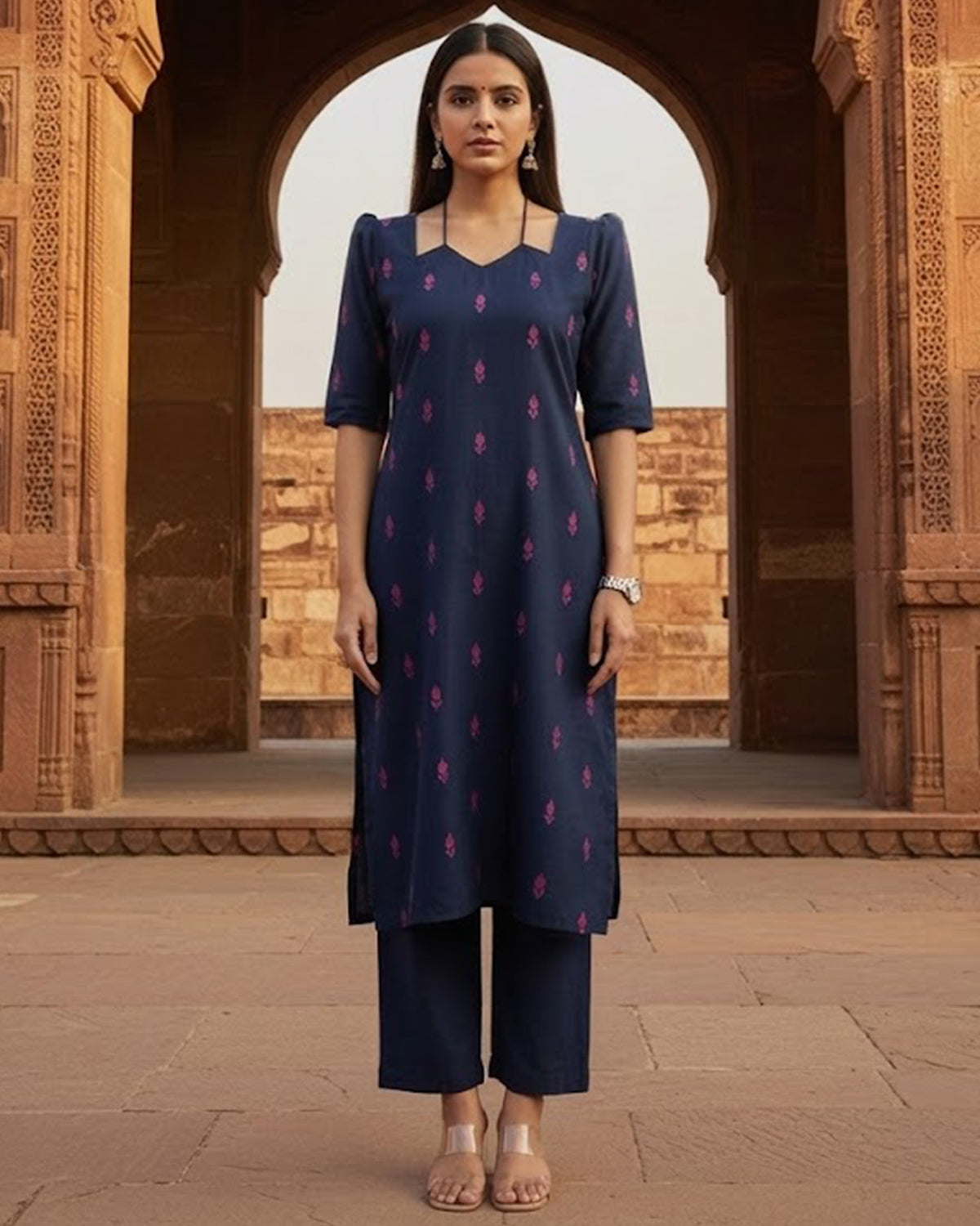 Women Navy Blue Printed Cotton Kurta Set