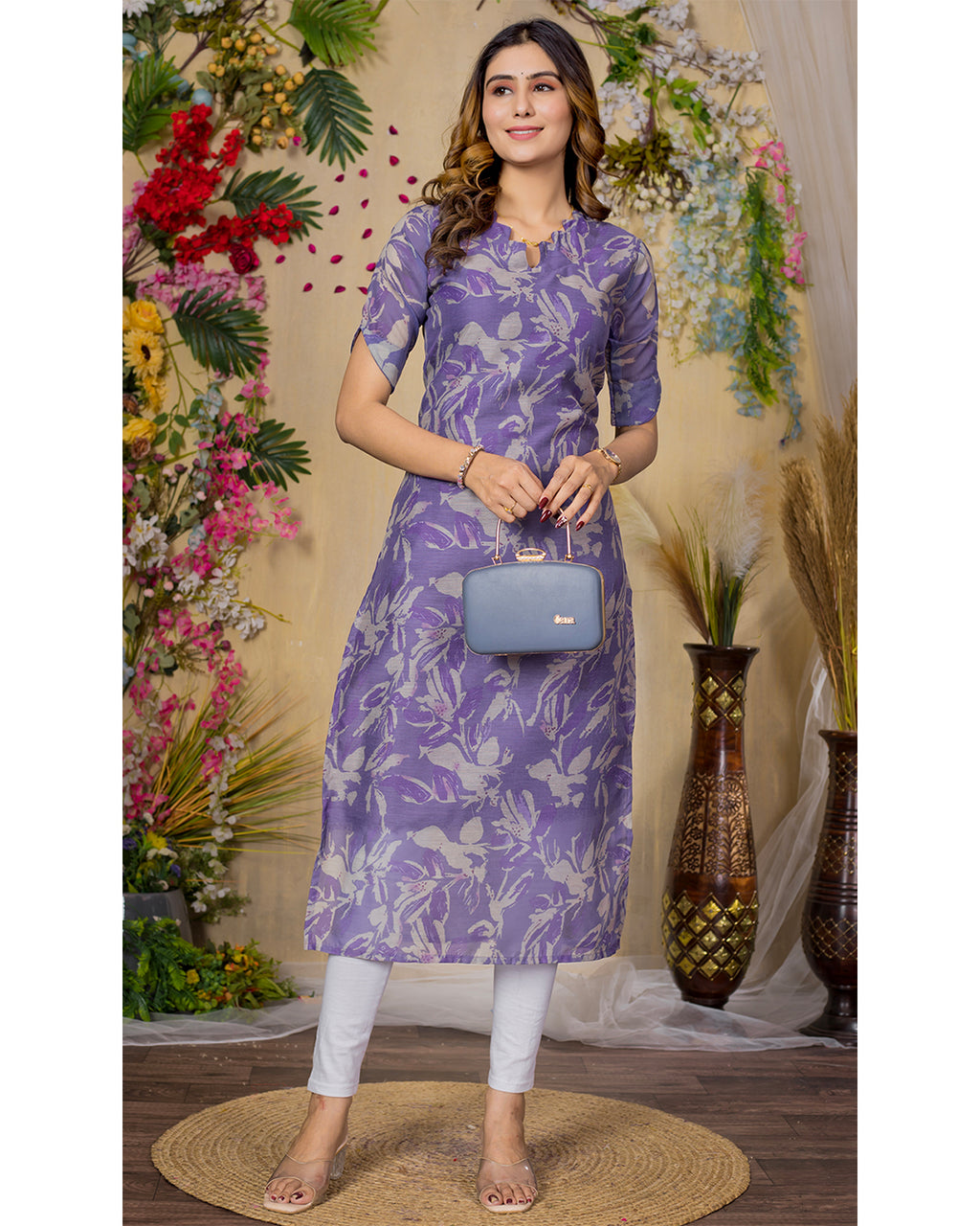 Chanderi Floral Printed Calf Length Kurta For Women KT29_Purple