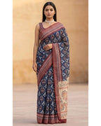 Navy Blue Linen Saree with Maroon Border & Printed Pallu With Blouse Piece