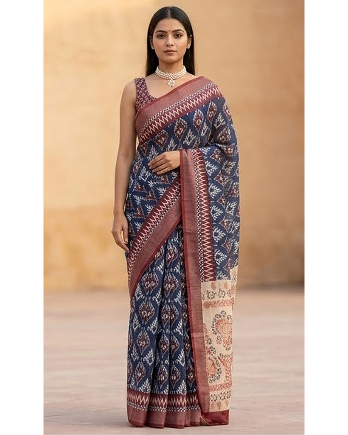 Navy Blue Linen Saree with Maroon Border & Printed Pallu With Blouse Piece