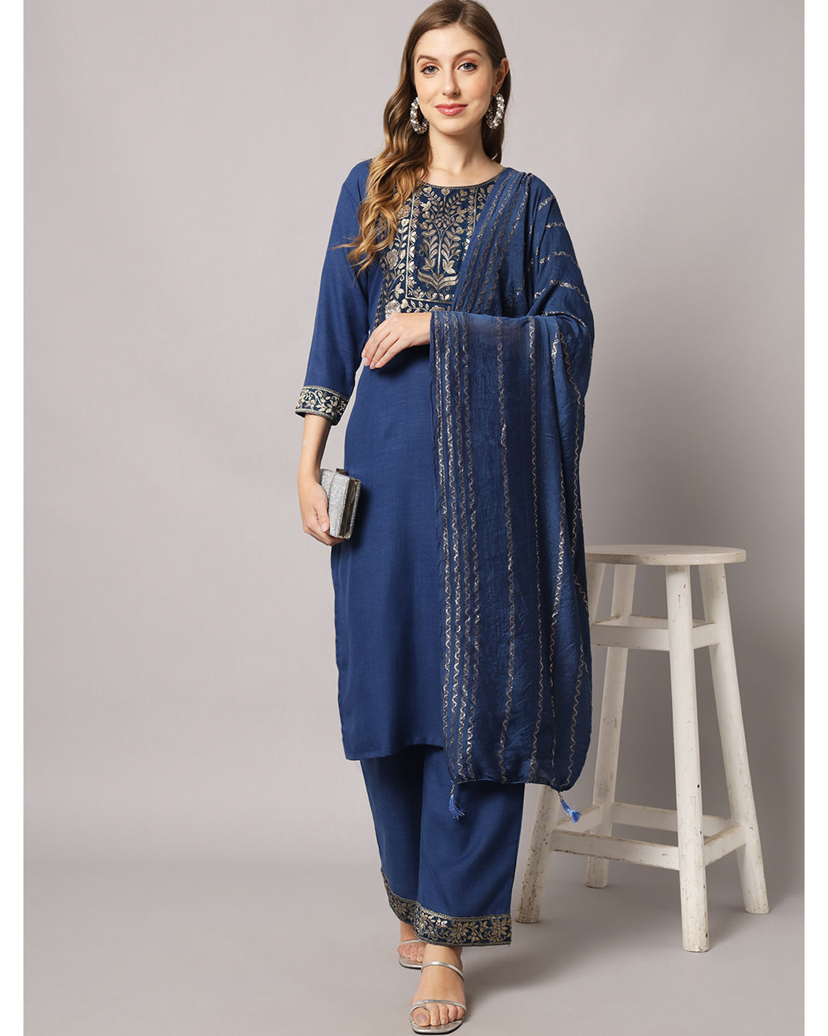 Cotton blend yoke print kurta set with dupatta