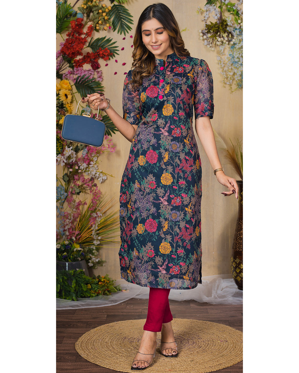 Chanderi Floral Printed Calf Length Kurta For Women