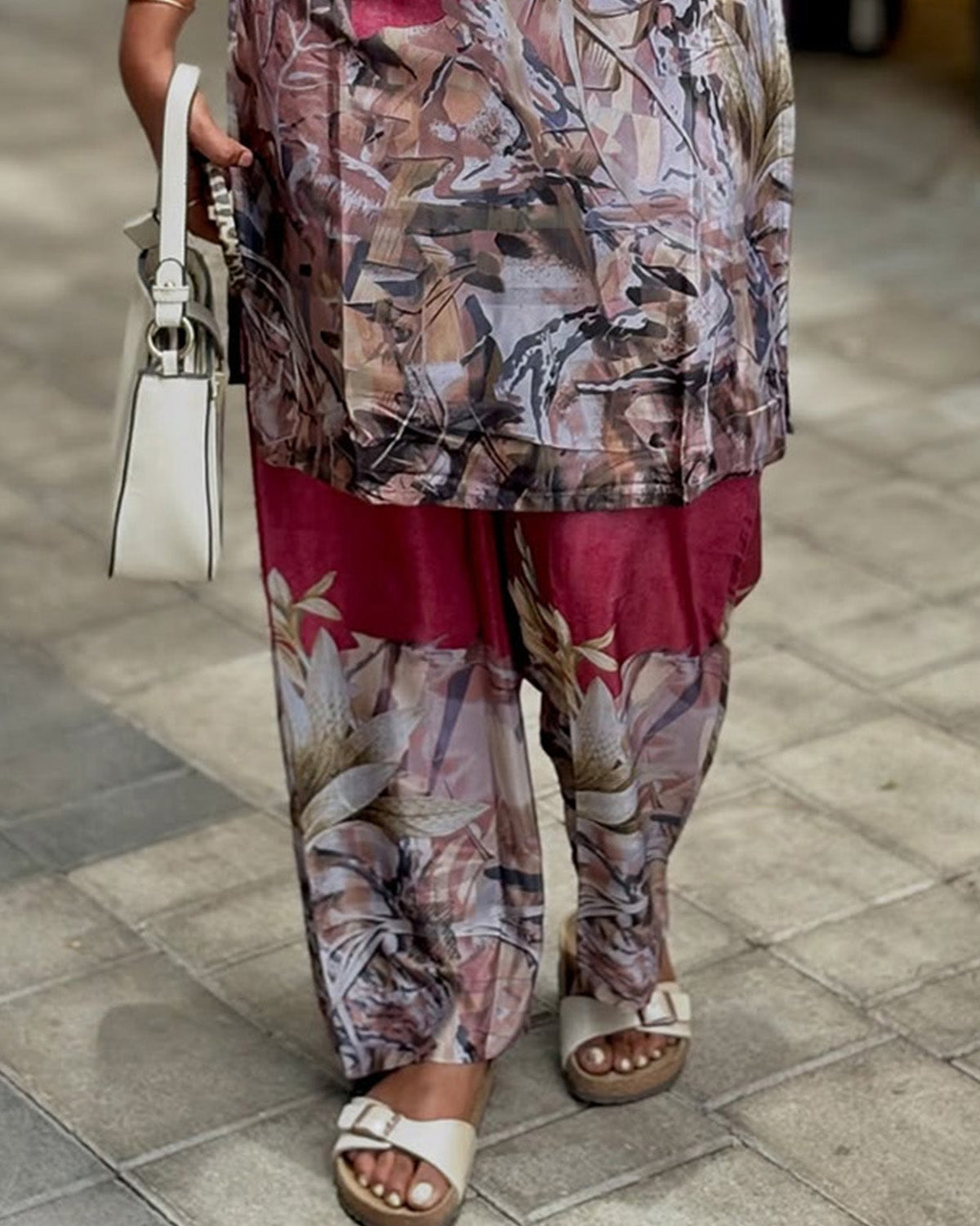 Maroon Printed Cotton Blend Kurta Set for Women