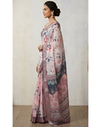 Pink Linen Saree with Floral Print and Mauve Border With Blouse Piece