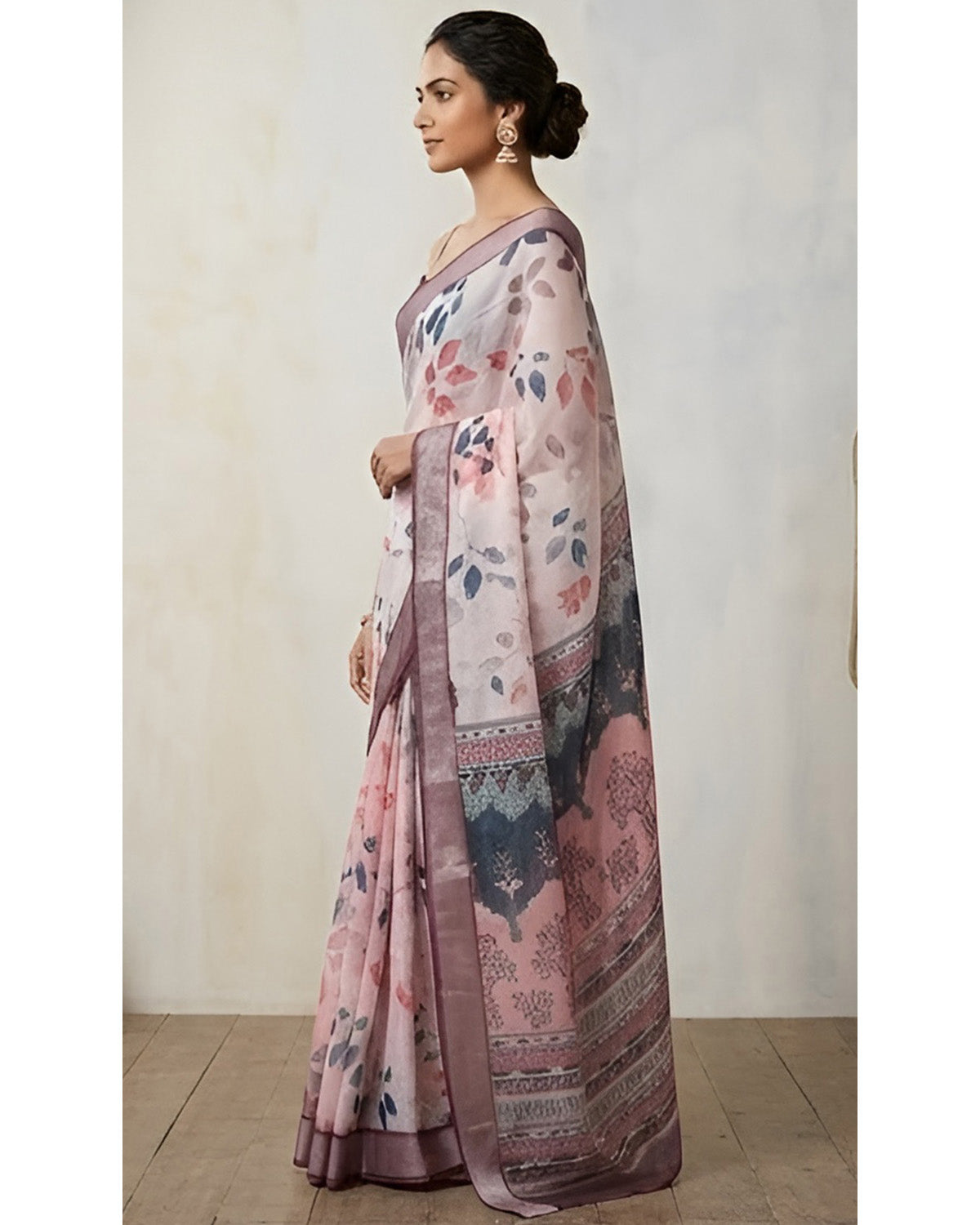 Pink Linen Saree with Floral Print and Mauve Border With Blouse Piece