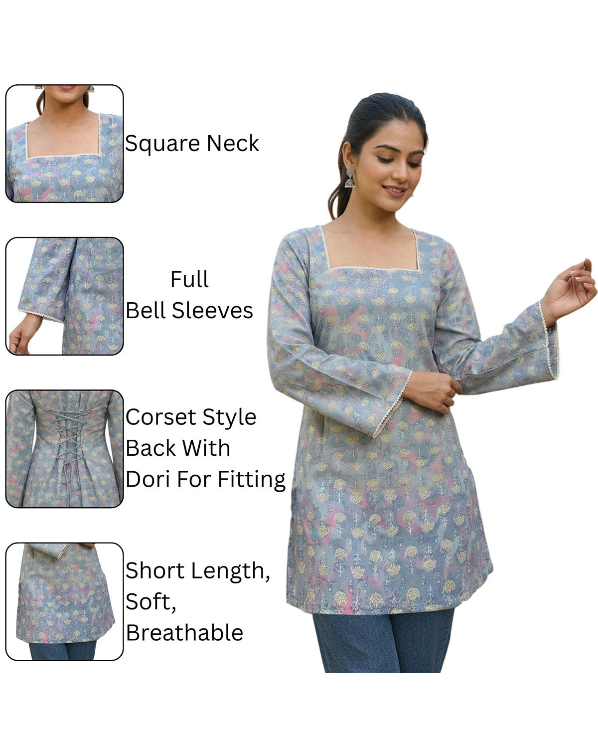 Cotton Blend Printed Straight Short Kurti for Women