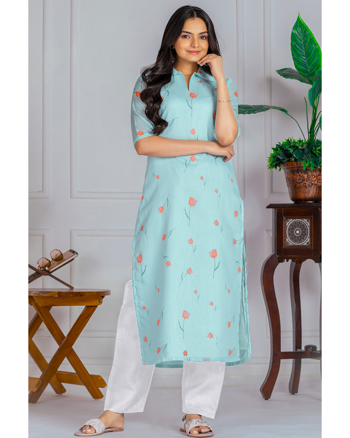 Women's Chanderi Stitched Printed Straight Kurta