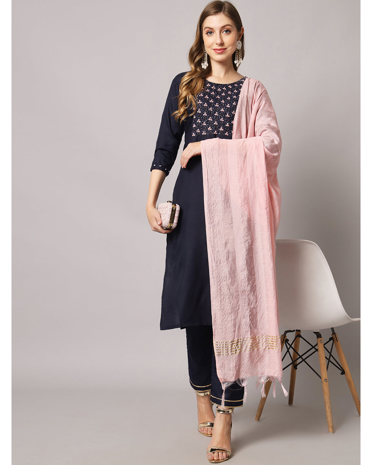 Cotton blend hand embroidery kurta set with dupatta