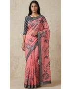 Pink Linen Saree with Bird Print and Grey Border With Blouse Piece