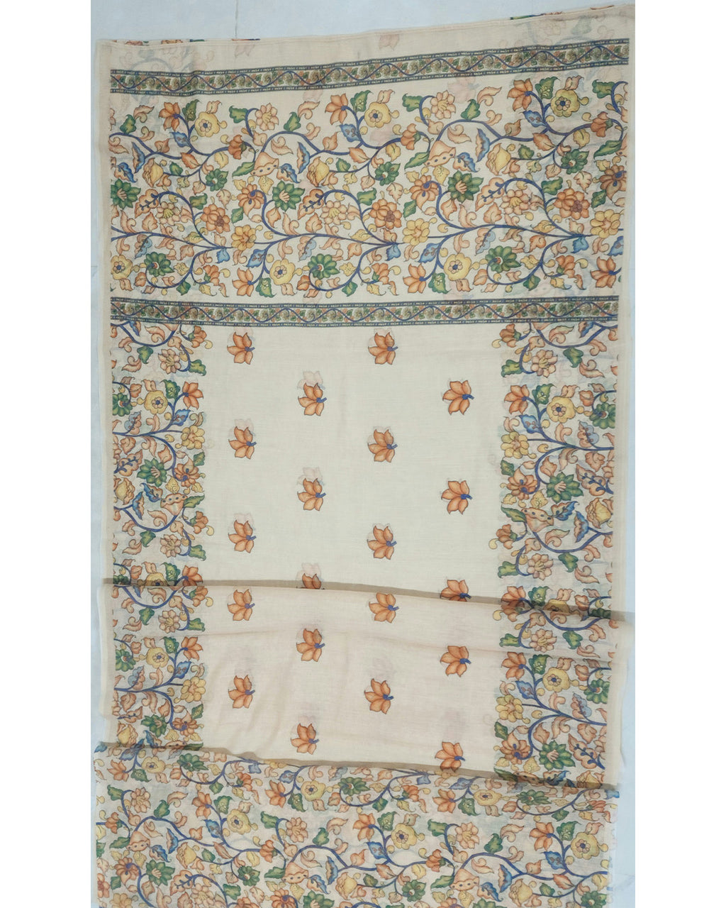Women's Beige Linen Saree With Printed Work & Blouse Piece