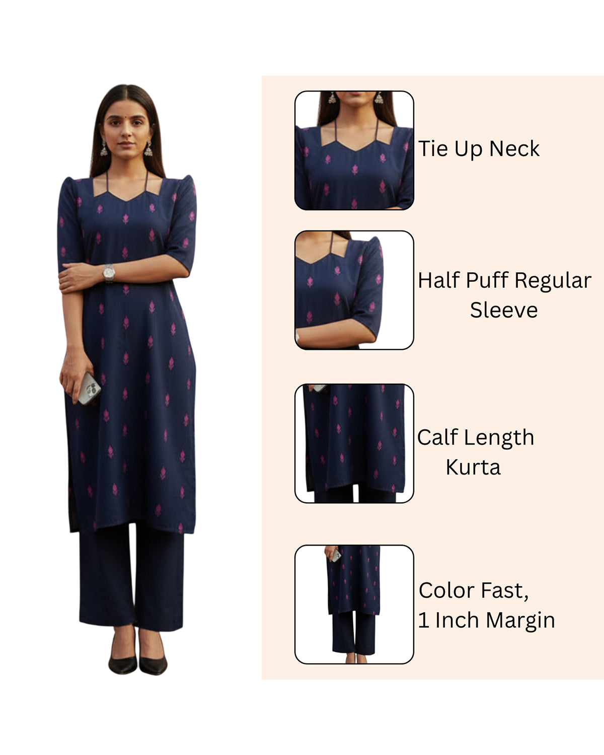 Women Navy Blue Printed Cotton Kurta Set