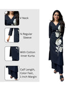Women Black Floral Rayon Slub Kurta Pant Set